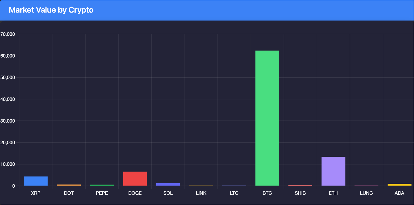 Market Value by Token: Bar chart showing the current market value of each cryptocurrency in your portfolio for easy comparison.