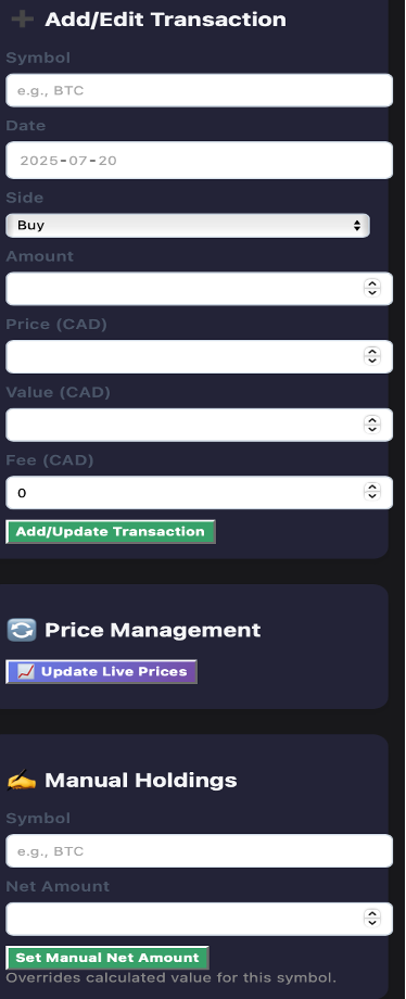 Update Management Interface: User-friendly forms for manual transaction entry and price updates with real-time data synchronization.