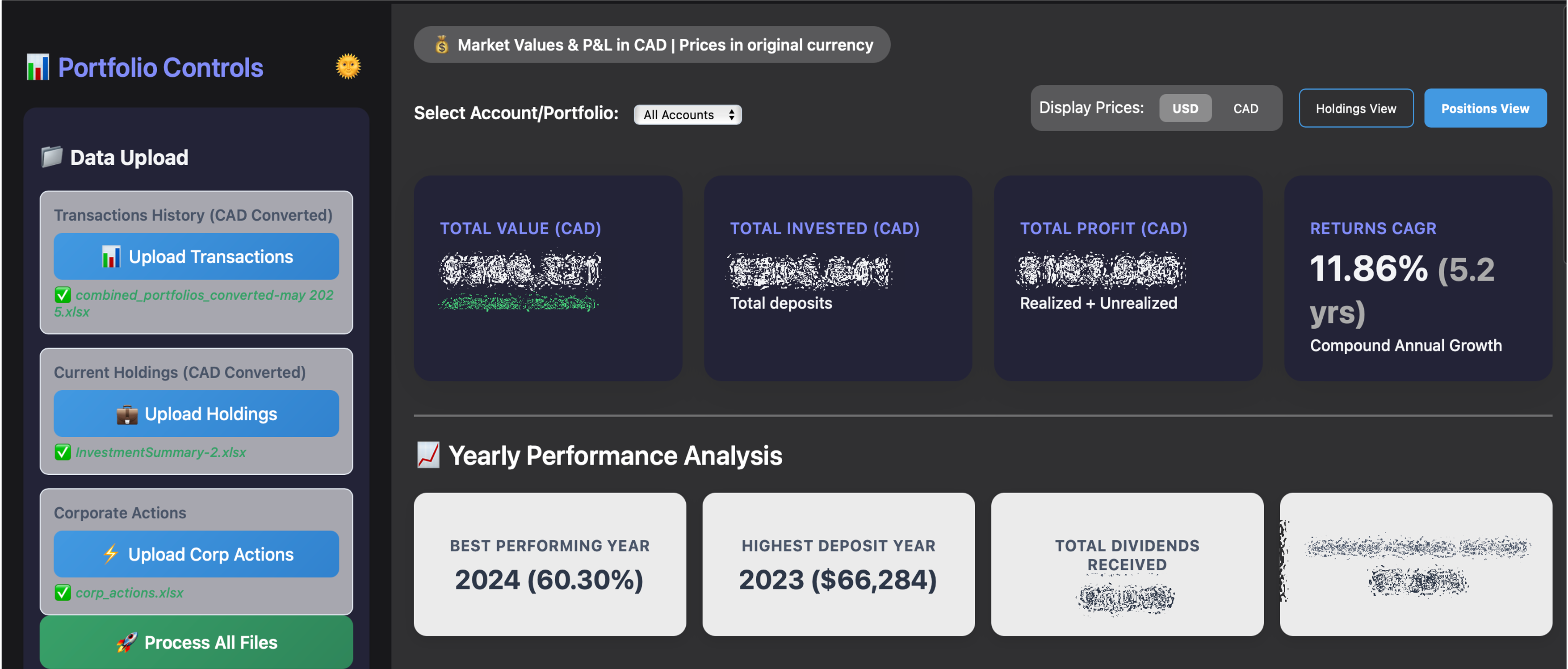 Dashboard Overview with KPI Cards: Your portfolio's health at a glance with Total Value, Invested Amount, P&L, and CAGR metrics.